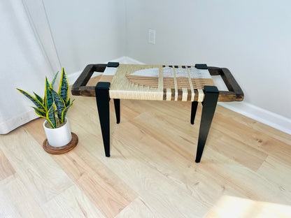 Mid Century Bench | Custom Size Woven Entryway Seating With Matte Black Legs