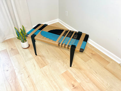 Mid Century Bench | Custom Size Woven Entryway Seating With Matte Black Legs