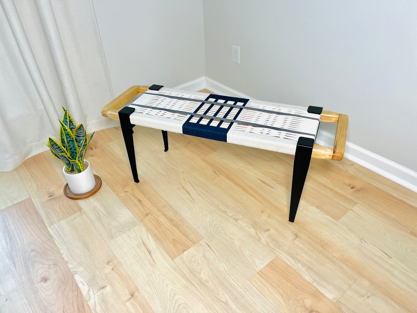 Mid Century Bench | Custom Size Woven Entryway Seating With Matte Black Legs