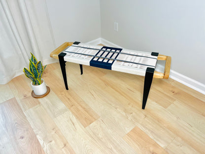 Mid Century Bench | Custom Size Woven Entryway Seating With Matte Black Legs
