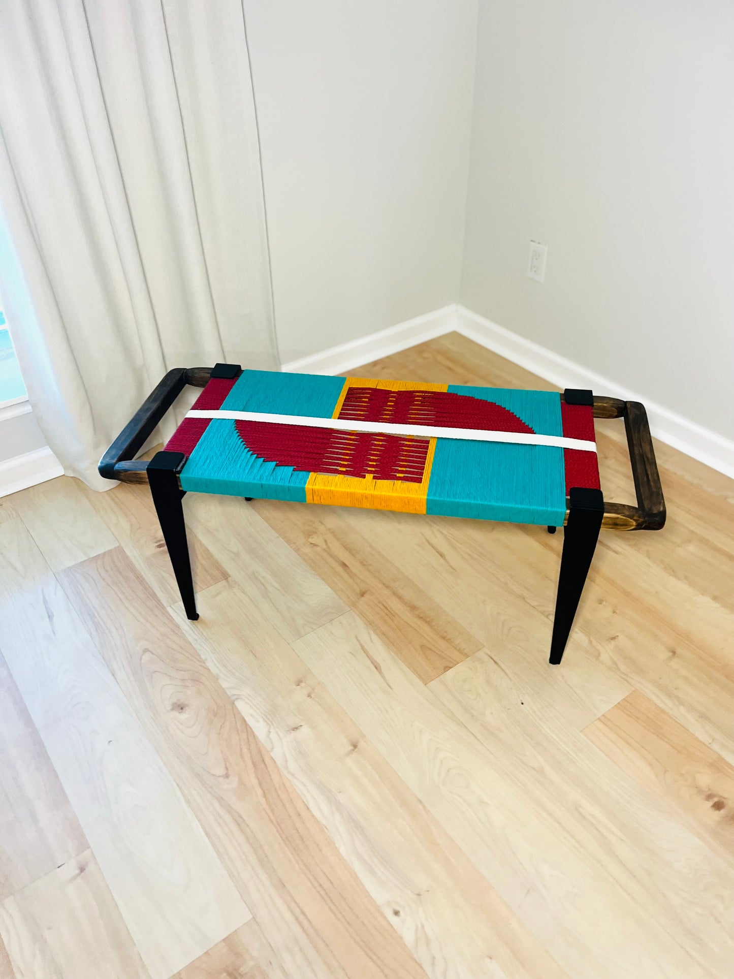 Mid Century Bench | Custom Size Woven Entryway Seating With Matte Black Legs