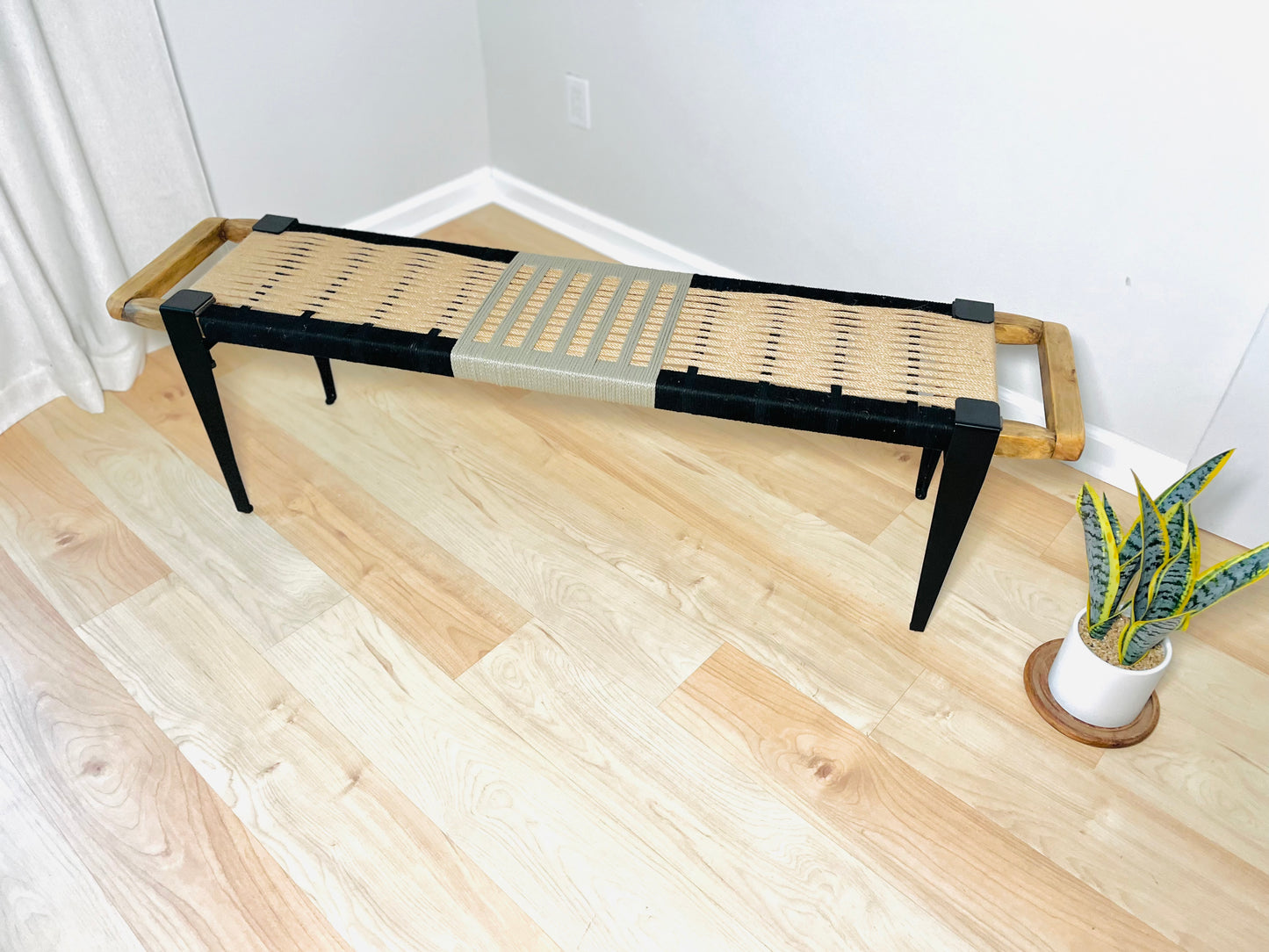 Mid Century Bench | Custom Size Woven Entryway Seating With Matte Black Legs