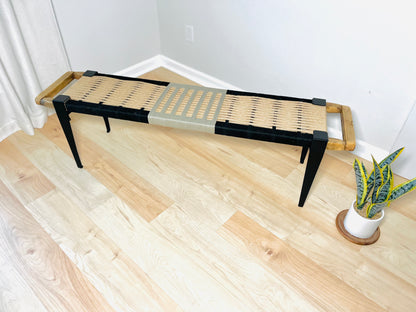 Mid Century Bench | Custom Size Woven Entryway Seating With Matte Black Legs