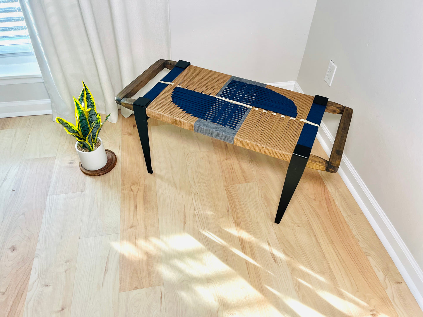 Mid Century Bench | Custom Size Woven Entryway Seating With Matte Black Legs