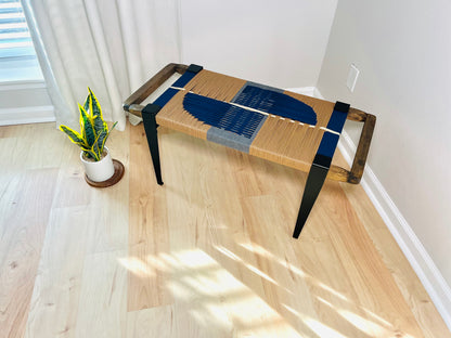 Mid Century Bench | Custom Size Woven Entryway Seating With Matte Black Legs