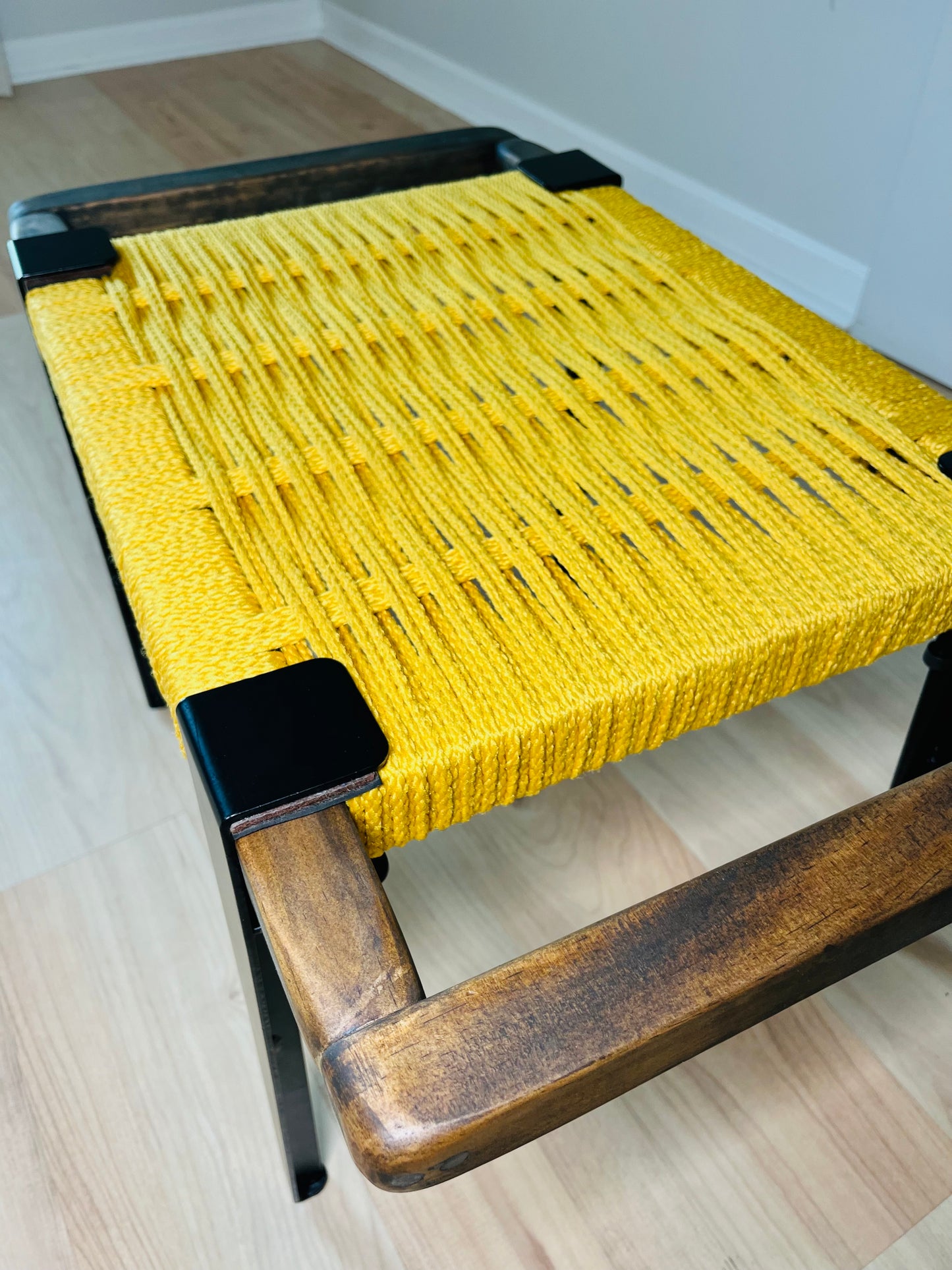 Mid Century Bench | Custom Size Woven Entryway Seating With Matte Black Legs