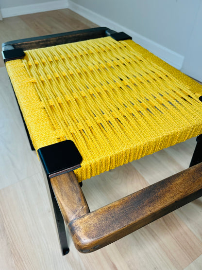 Mid Century Bench | Custom Size Woven Entryway Seating With Matte Black Legs