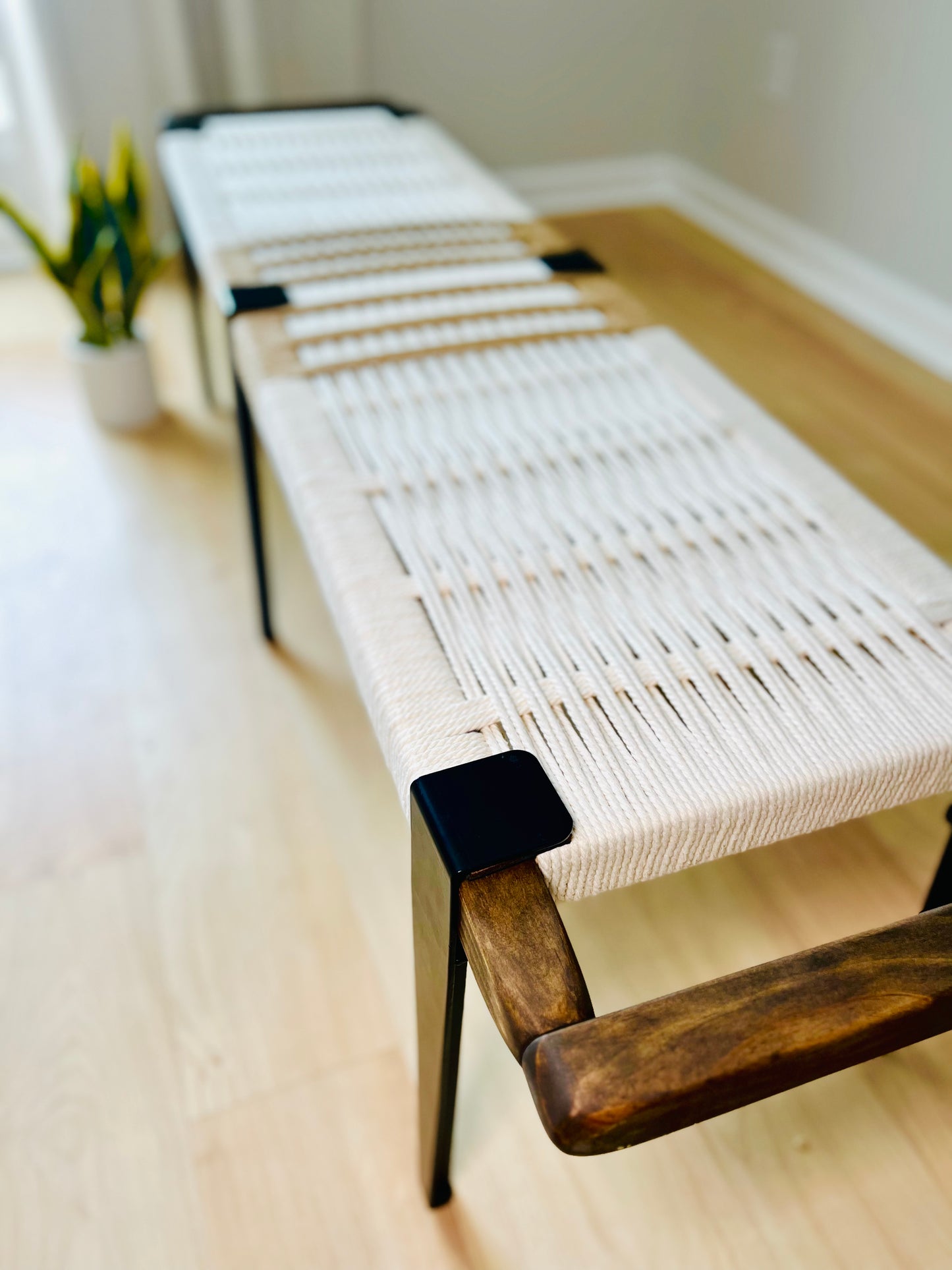 Mid Century Bench | Custom Size Woven Entryway Seating With Matte Black Legs