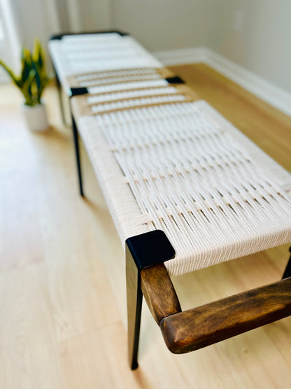 Mid Century Bench | Custom Size Woven Entryway Seating With Matte Black Legs