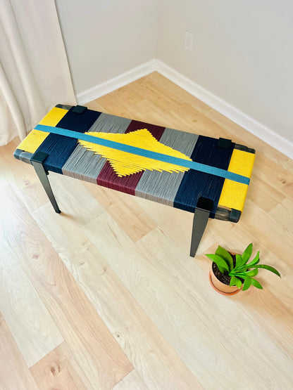 Mid Century Bench | Custom Size Woven Entryway Seating With Matte Black Legs.