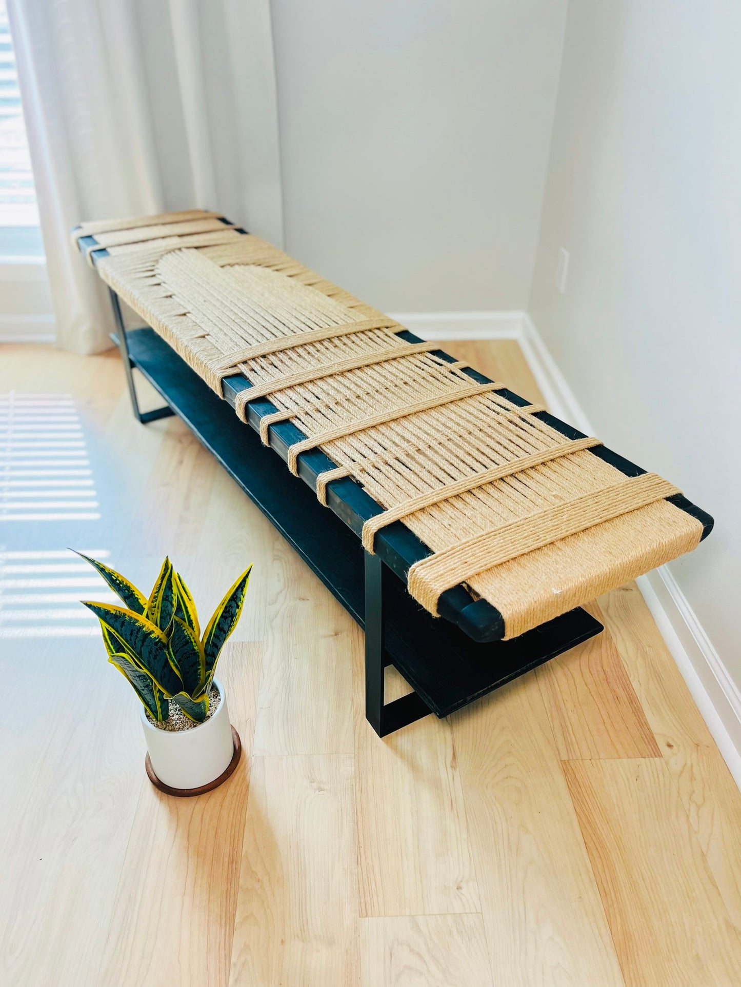 Mid Century Bench | Custom Size Woven Entryway Seating With Matte Black Legs