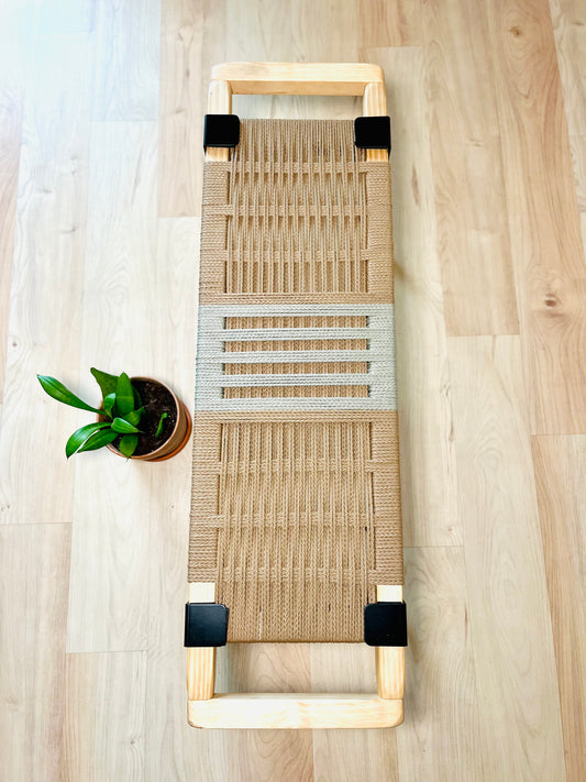 Mid Century Bench | Custom Size Woven Entryway Seating With Matte Black Legs