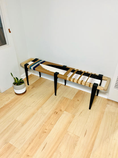 Mid Century Bench | Custom Size Woven Entryway Seating With Matte Black Legs