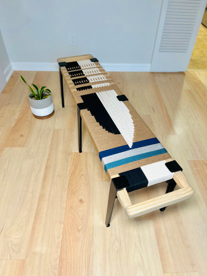 Mid Century Bench | Custom Size Woven Entryway Seating With Matte Black Legs