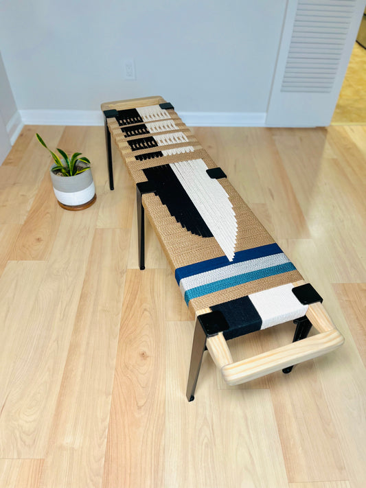 Mid Century Bench | Custom Size Woven Entryway Seating With Matte Black Legs