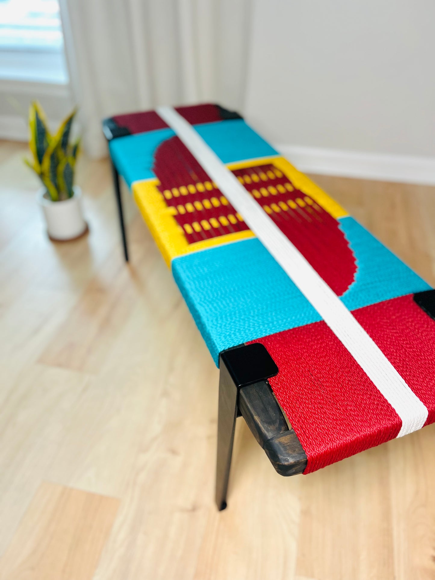 Mid Century Bench | Custom Size Woven Entryway Seating With Matte Black Legs