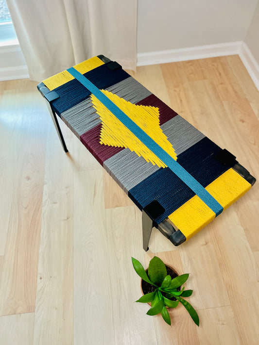 Mid Century Bench | Custom Size Woven Entryway Seating With Matte Black Legs.