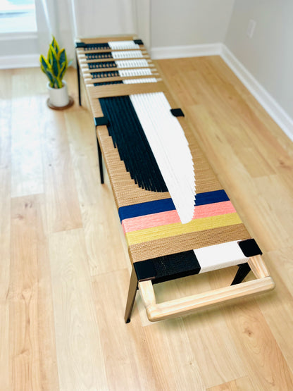 Mid Century Bench | Custom Size Woven Entryway Seating With Matte Black Legs