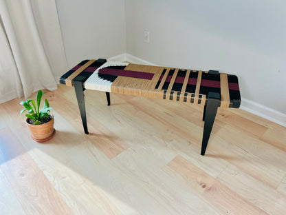 Mid Century Bench | Custom Size Woven Entryway Seating With Matte Black Legs