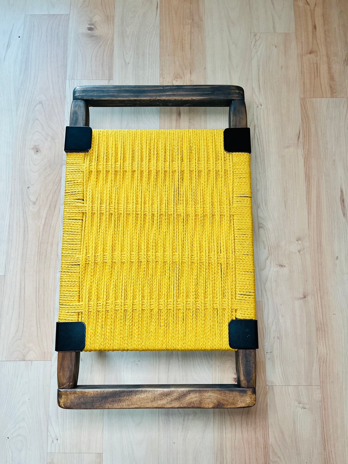 Mid Century Bench | Custom Size Woven Entryway Seating With Matte Black Legs
