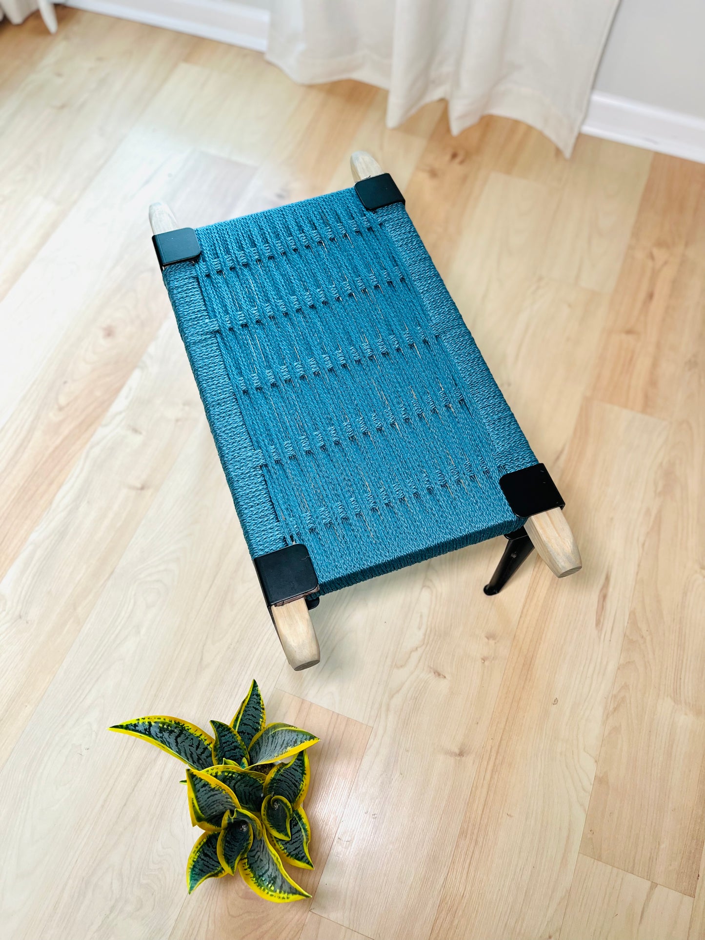 Mid Century Bench | Custom Size Woven Entryway Seating With Matte Black Legs