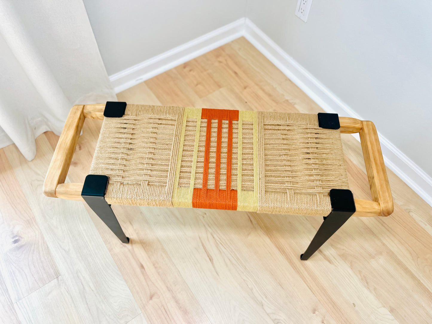 Mid Century Bench | Custom Size Woven Entryway Seating With Matte Black Legs