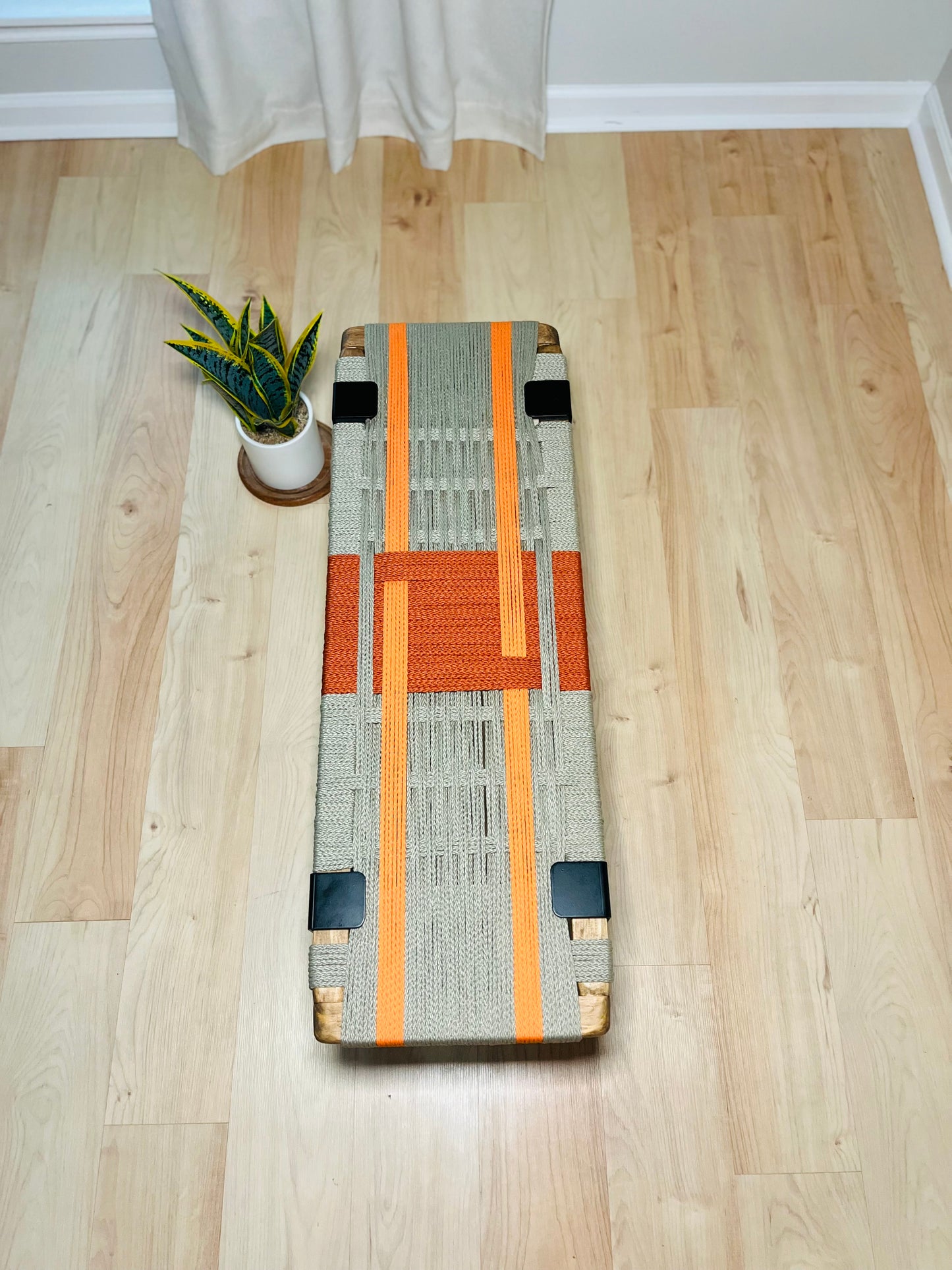 Mid Century Bench | Custom Size Woven Entryway Seating With Matte Black Legs