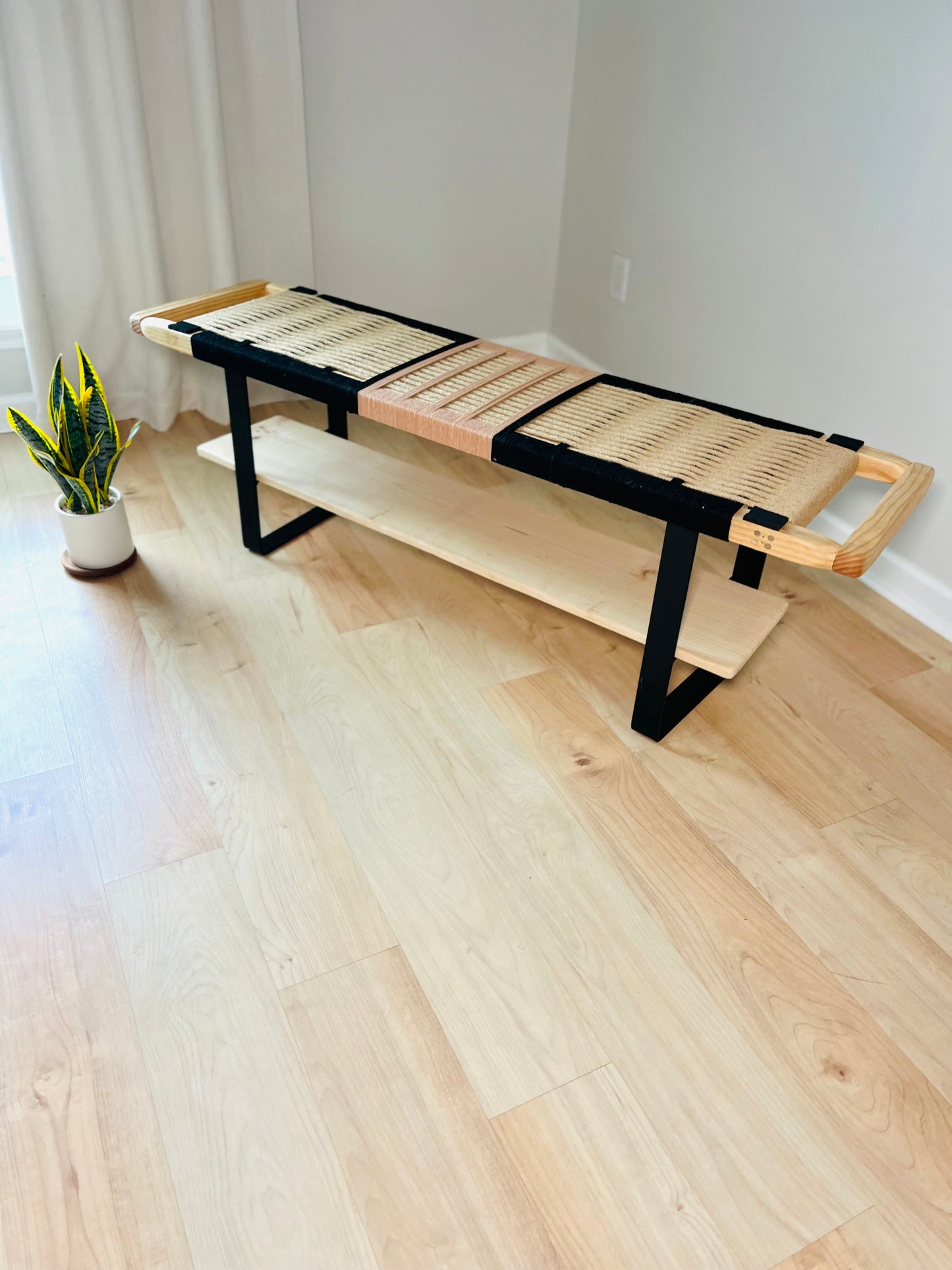 Mid Century Bench | Custom Size Woven Entryway Seating With Matte Black Legs