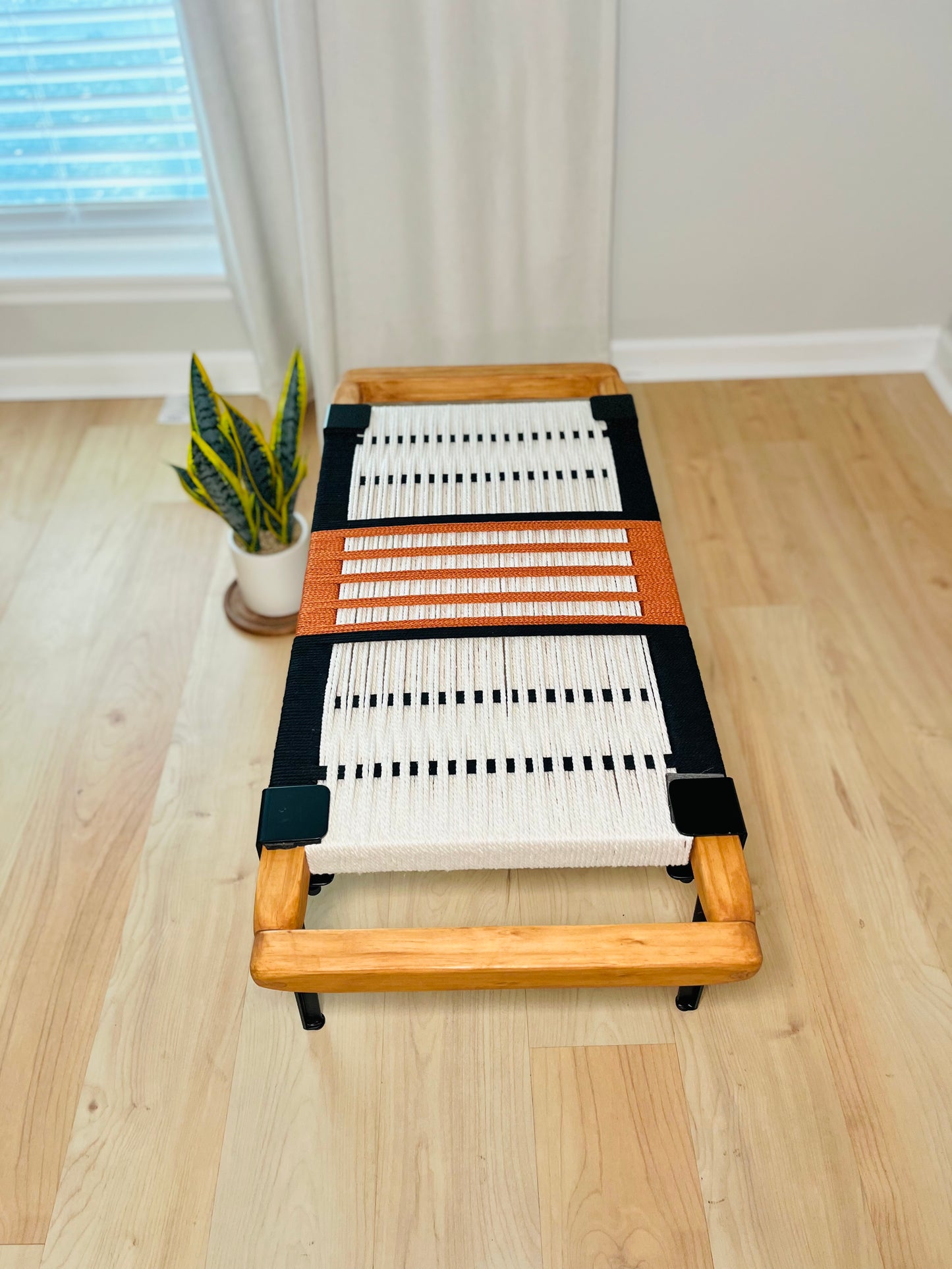 Mid Century Bench | Custom Size Woven Entryway Seating With Matte Black Legs