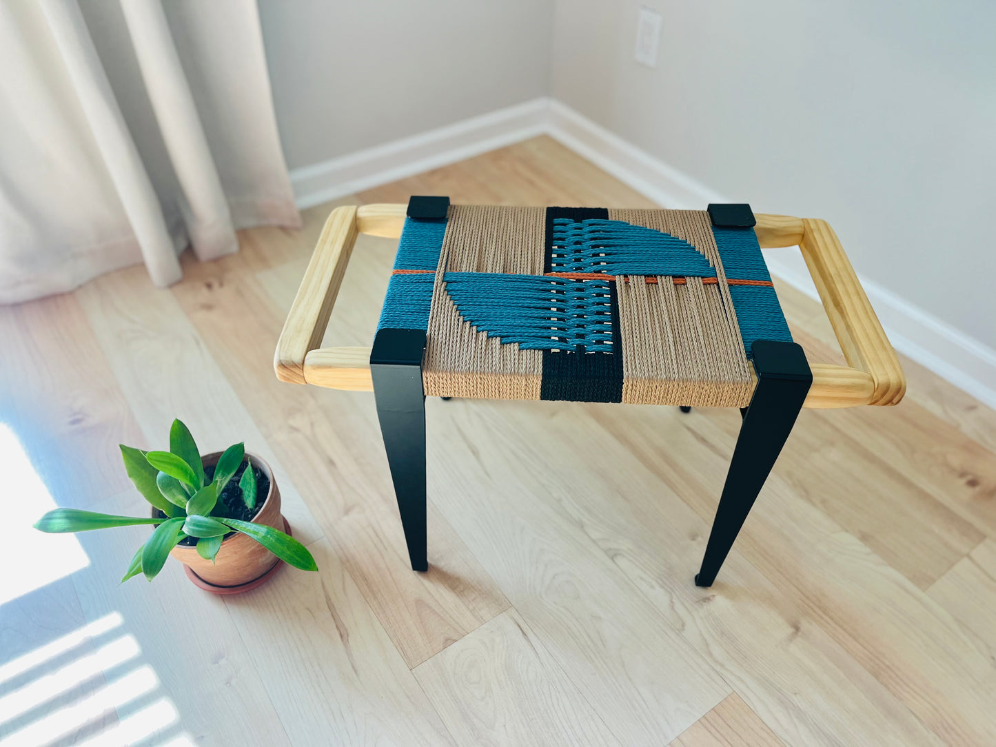 Mid Century Bench | Custom Size Woven Entryway Seating With Matte Black Legs