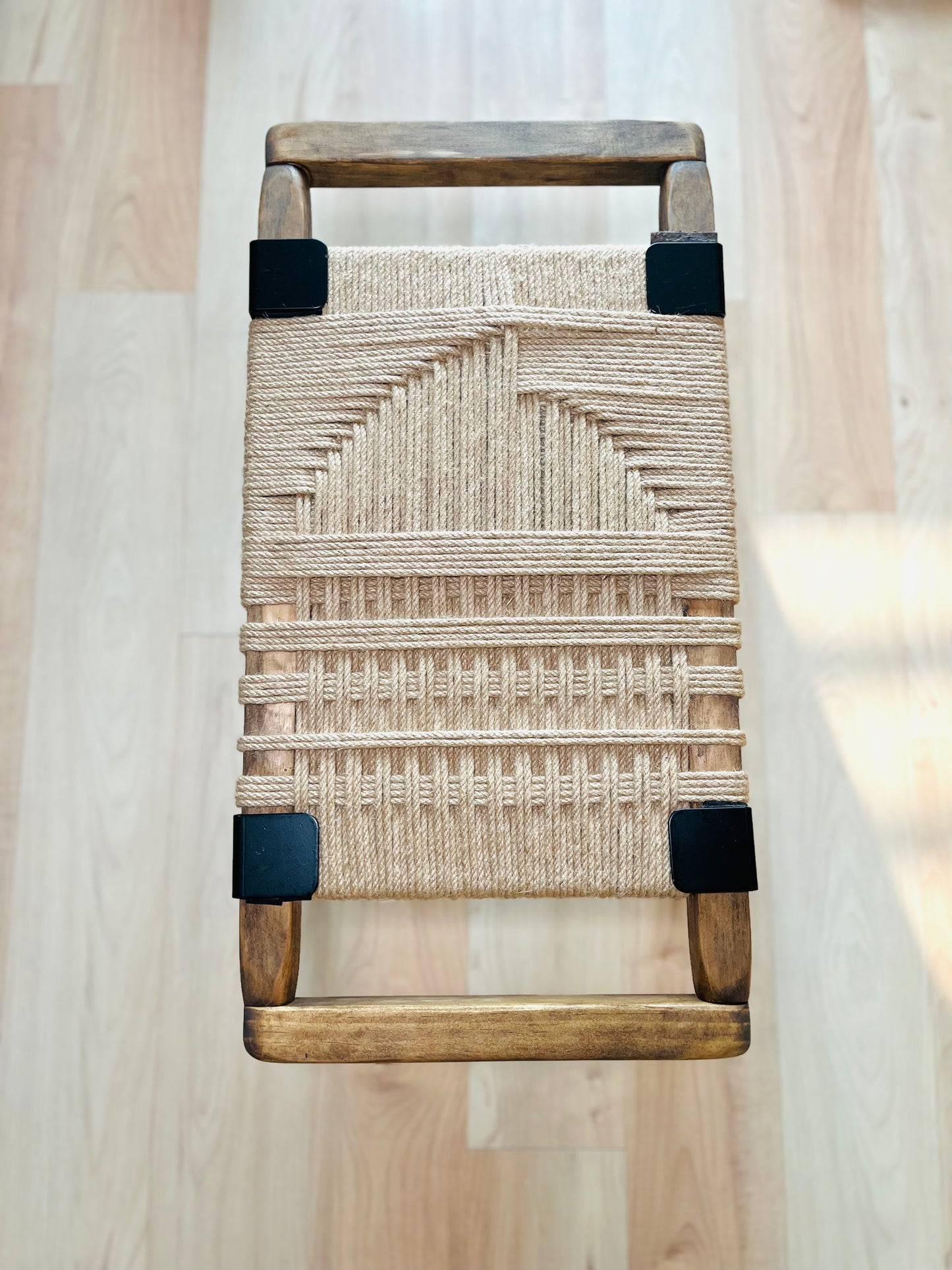 Mid Century Bench | Custom Size Woven Entryway Seating With Matte Black Legs