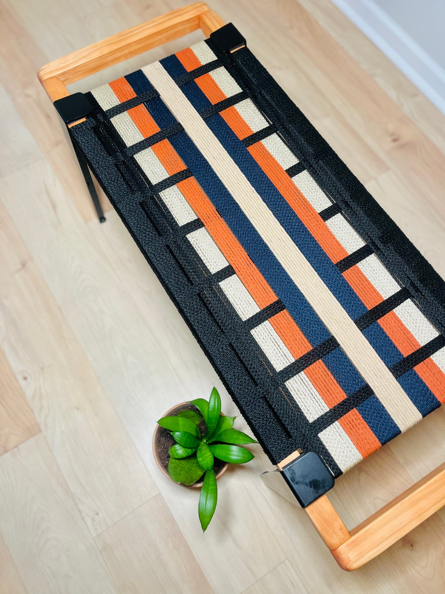 Mid Century Bench | Custom Size Woven Entryway Seating With Matte Black Legs