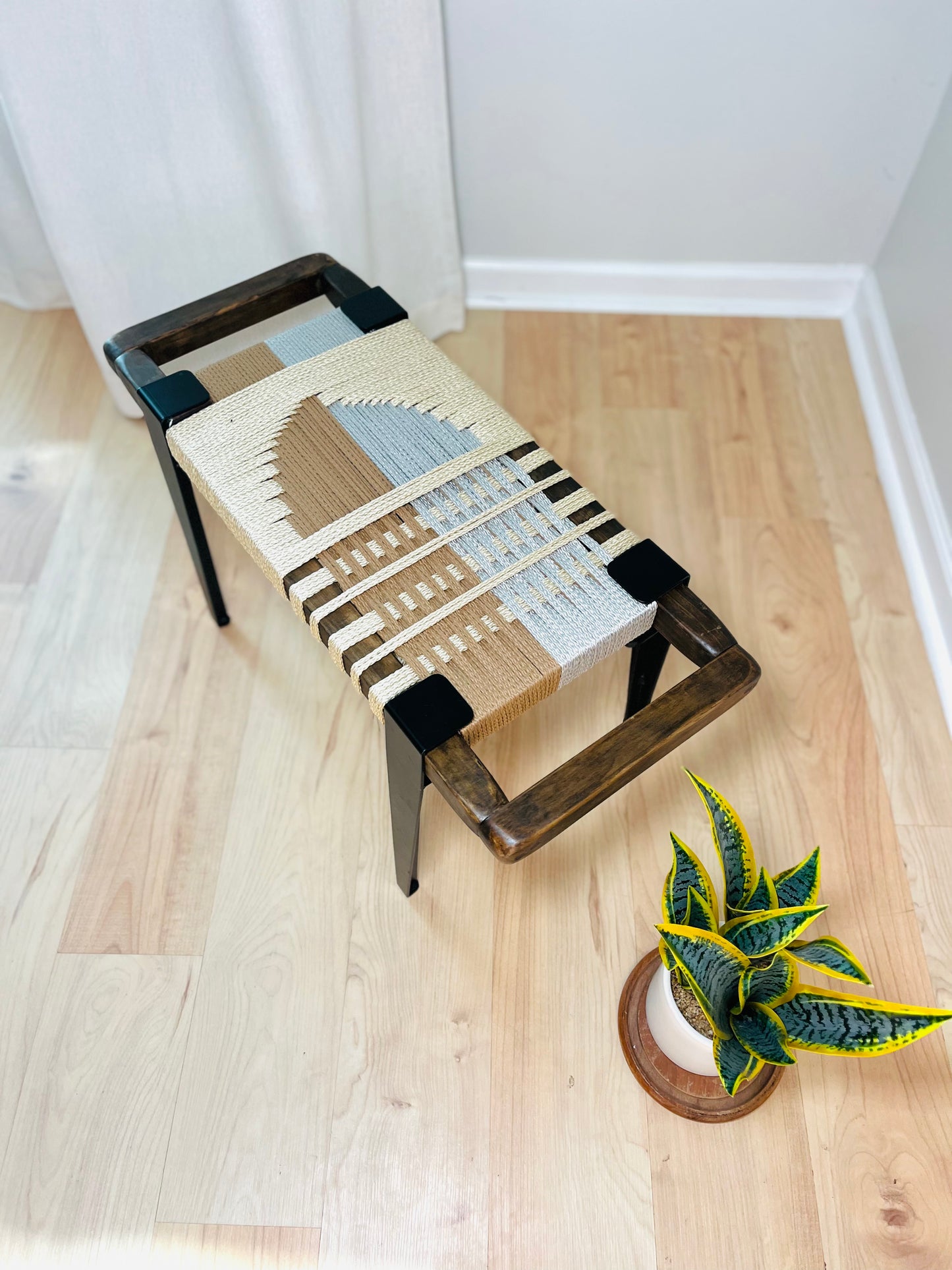 Mid Century Bench | Custom Size Woven Entryway Seating With Matte Black Legs