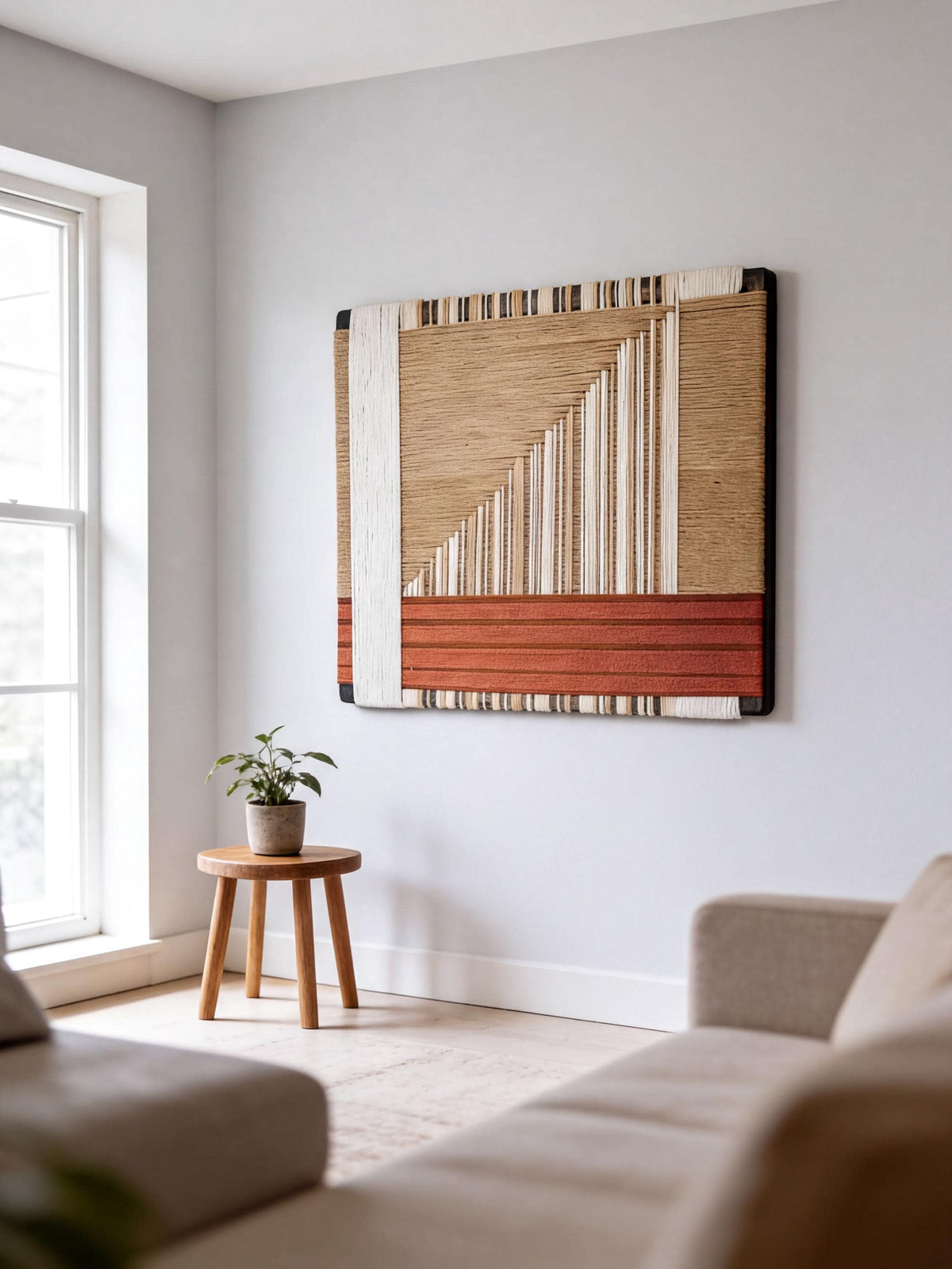 a living room with a large abstract artwork hanging on the wall, a small wooden table with a plant, and two beige couches.