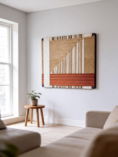 a living room with a large abstract artwork hanging on the wall, a small wooden table with a plant, and two beige couches.