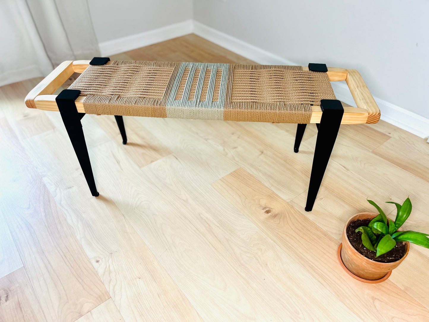 Mid Century Bench | Custom Size Woven Entryway Seating With Matte Black Legs