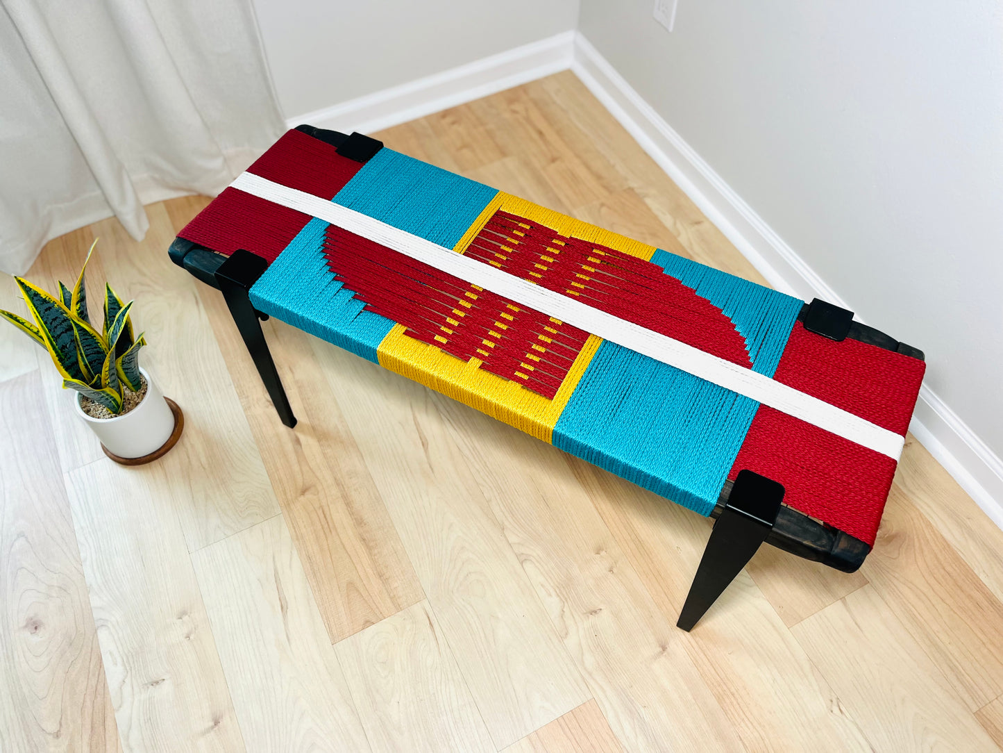 Mid Century Bench | Custom Size Woven Entryway Seating With Matte Black Legs