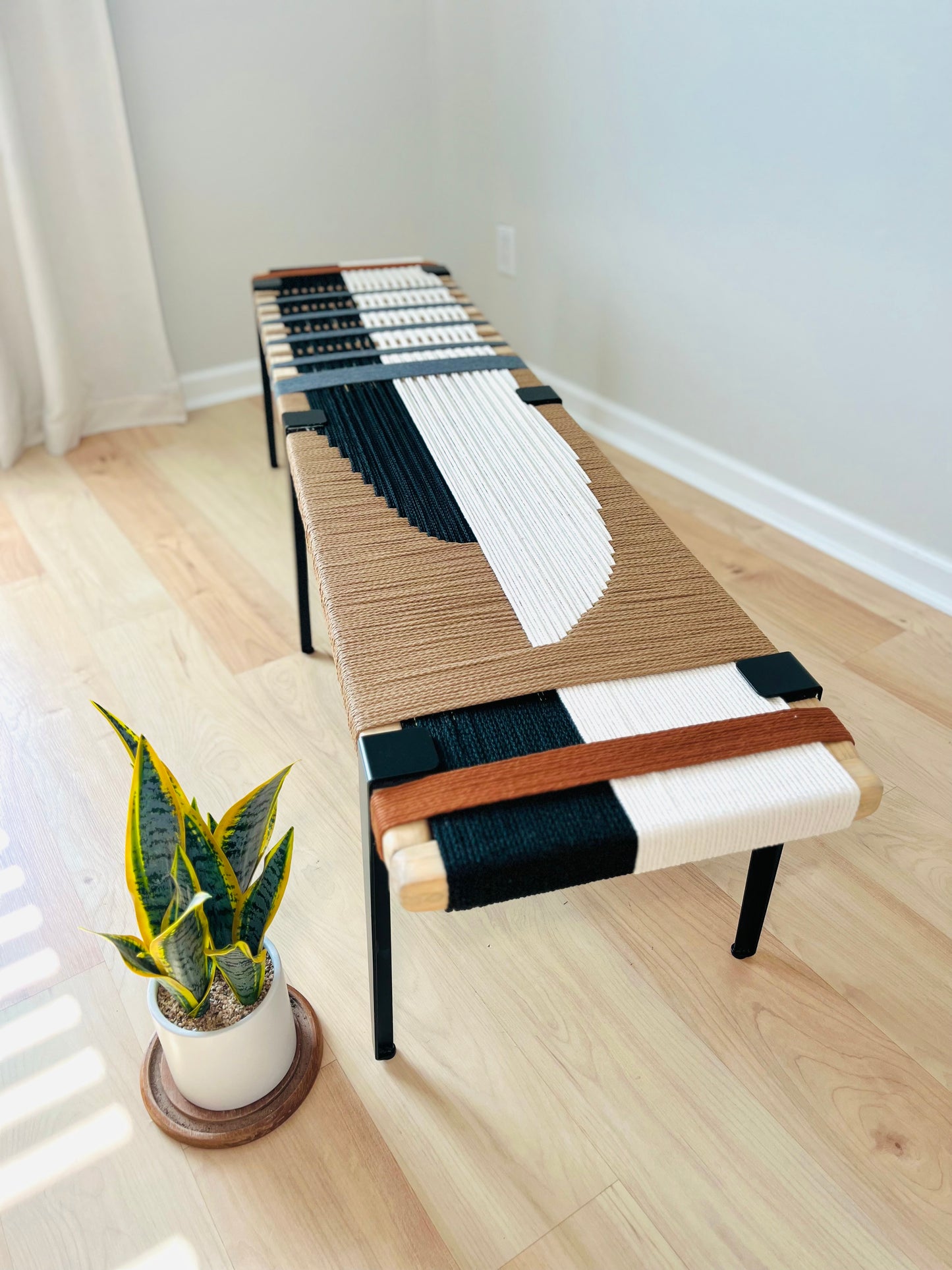 Mid Century Bench | Custom Size Woven Entryway Seating With Matte Black Legs
