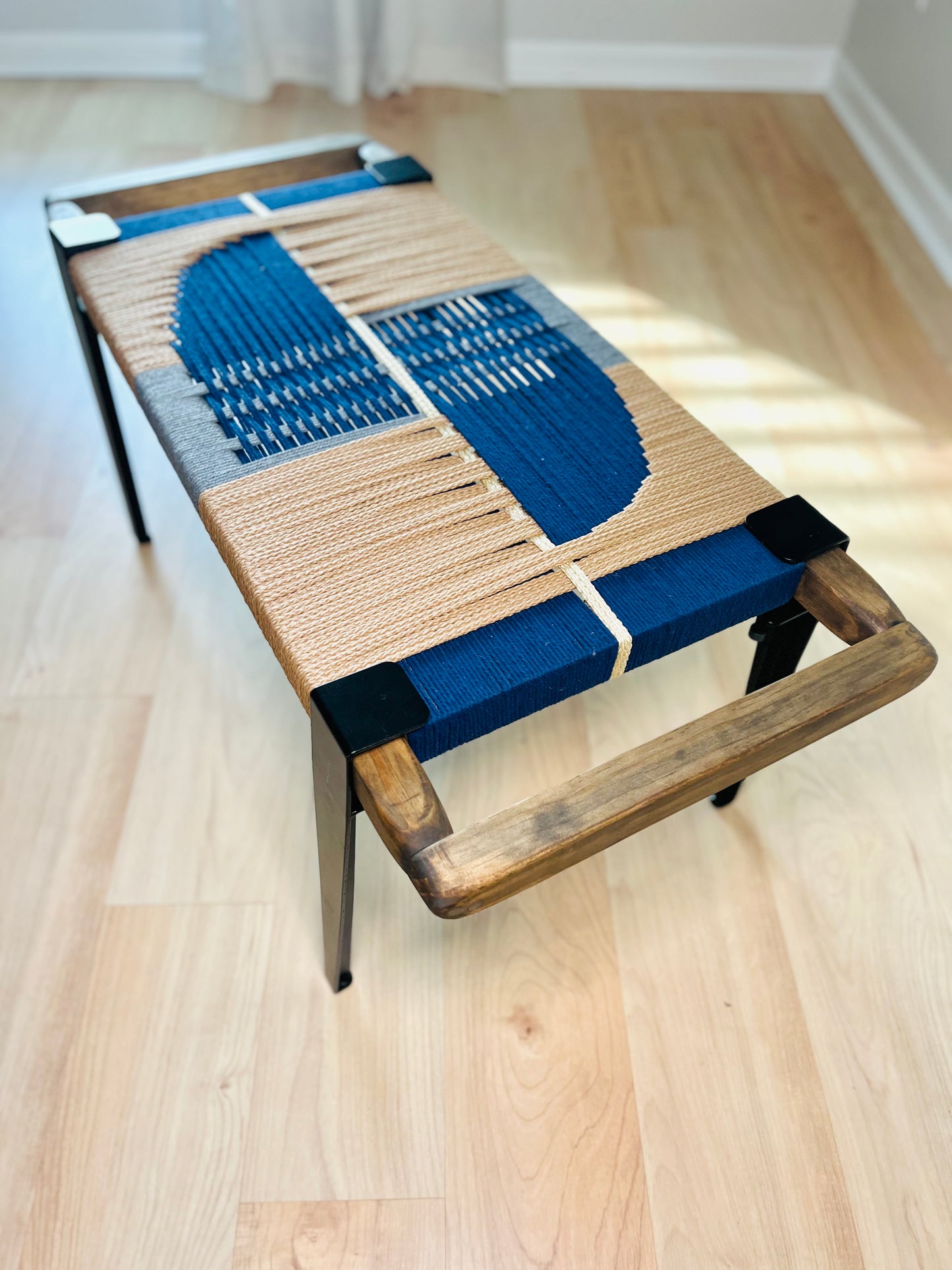 Mid Century Bench | Custom Size Woven Entryway Seating With Matte Black Legs