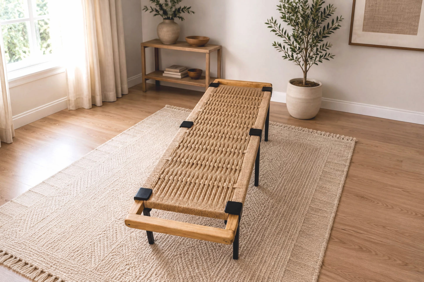 a cozy living room with a woven bench, a rug, and a potted plant. The room has a warm and inviting atmosphere, with natural light coming in from a window.