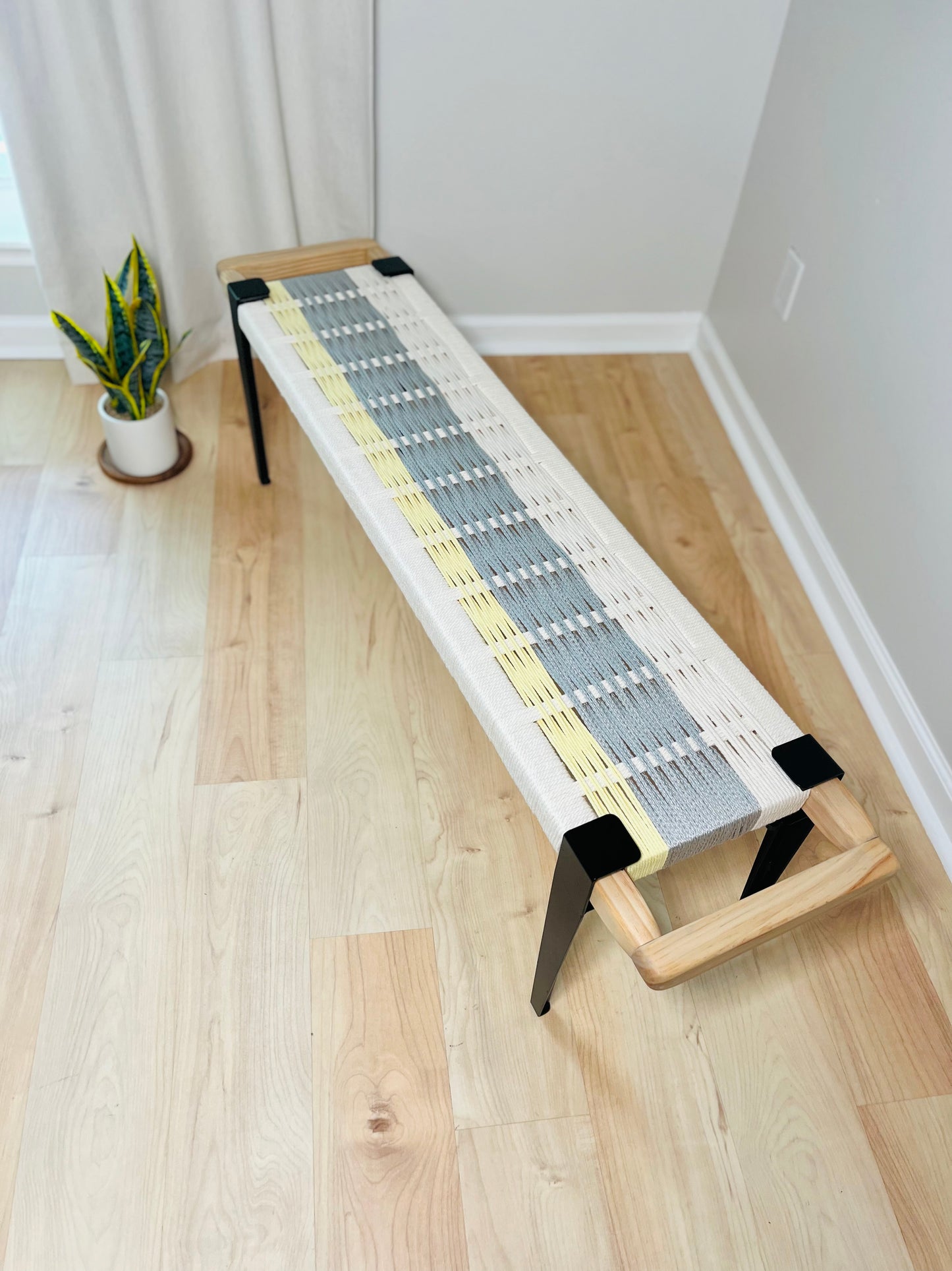 Mid Century Bench | Custom Size Woven Entryway Seating With Matte Black Legs
