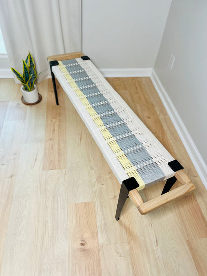 Mid Century Bench | Custom Size Woven Entryway Seating With Matte Black Legs