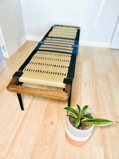 Mid Century Bench | Custom Size Woven Entryway Seating With Matte Black Legs