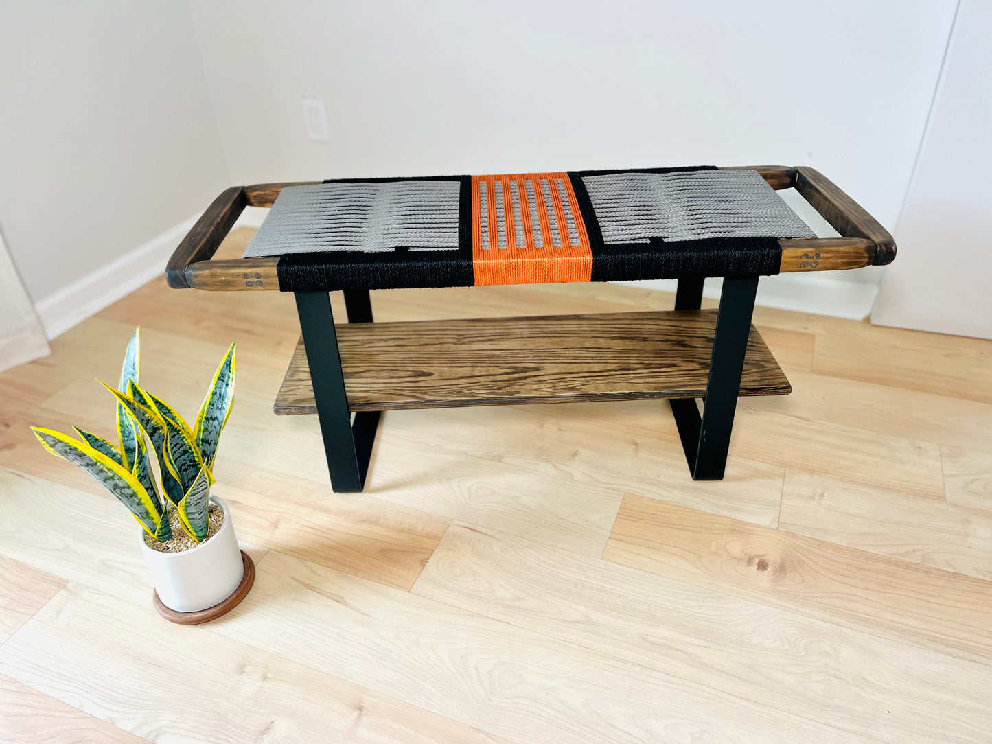 Mid Century Bench | Custom Size Woven Entryway Seating With Matte Black Legs