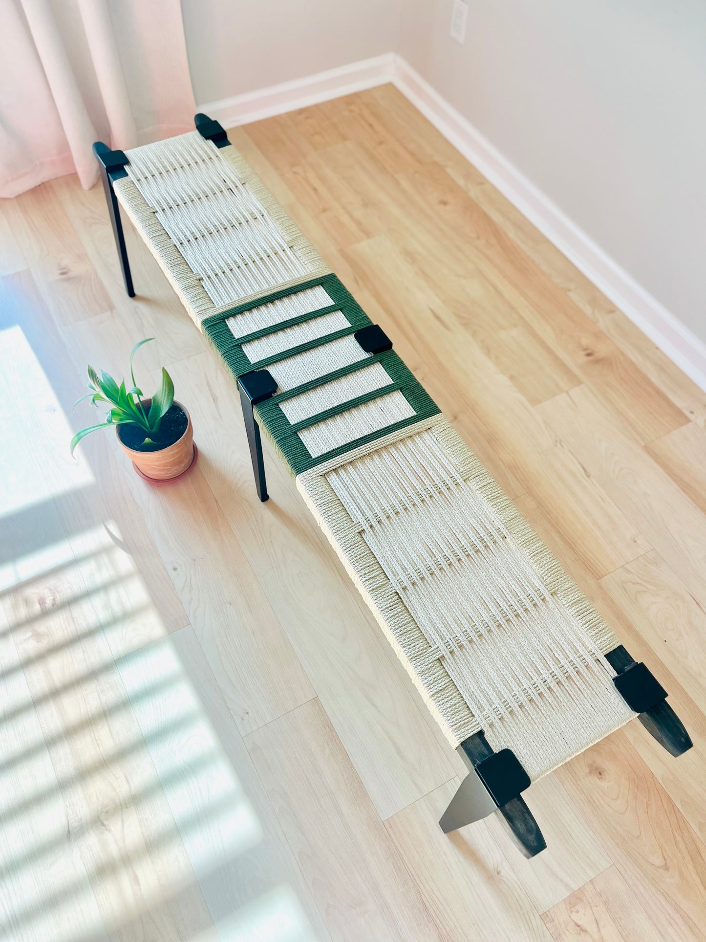 Mid Century Bench | Custom Size Woven Entryway Seating With Matte Black Legs
