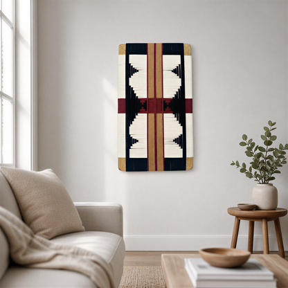 a cozy living room with a white sofa, a wooden coffee table, and a decorative wall hanging featuring a geometric pattern in red, white, and black.