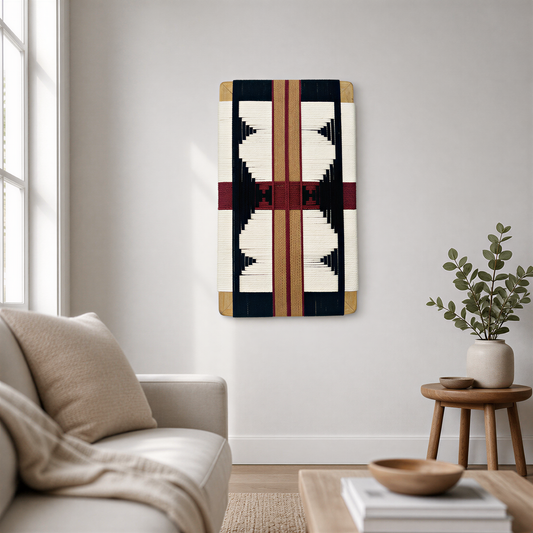 a cozy living room with a white sofa, a wooden coffee table, and a decorative wall hanging featuring a geometric pattern in red, white, and black.