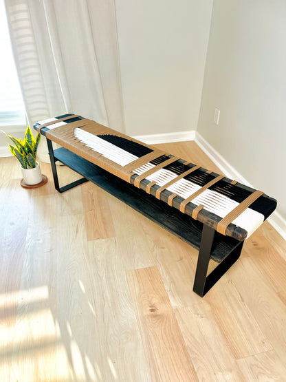 Mid Century Bench | Custom Size Woven Entryway Seating With Matte Black Legs