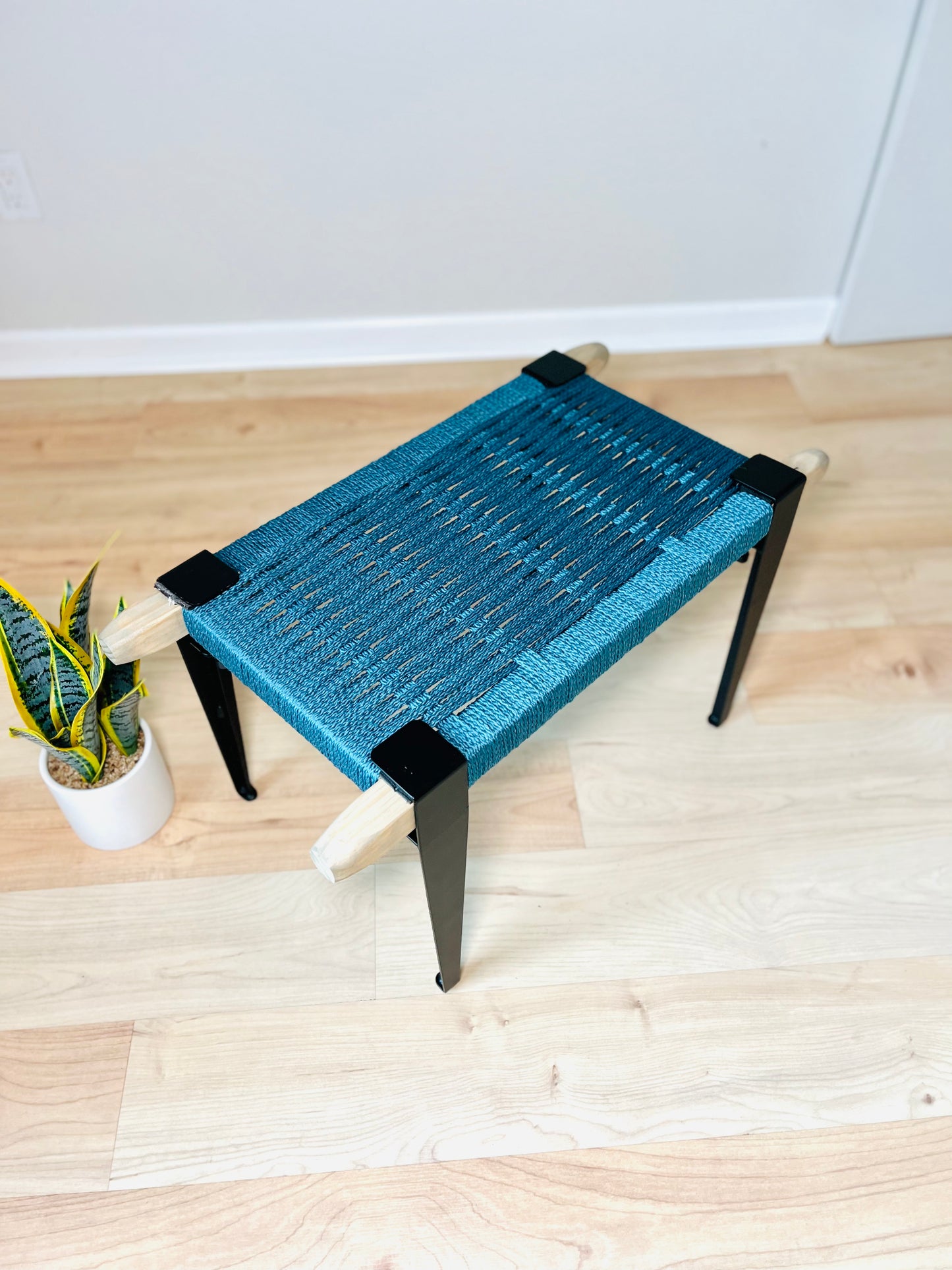 Mid Century Bench | Custom Size Woven Entryway Seating With Matte Black Legs
