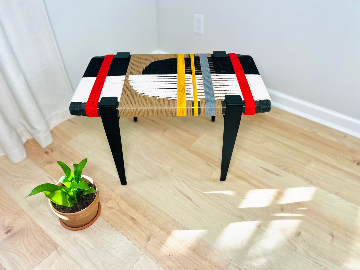 Mid Century Bench | Custom Size Woven Entryway Seating With Matte Black Legs
